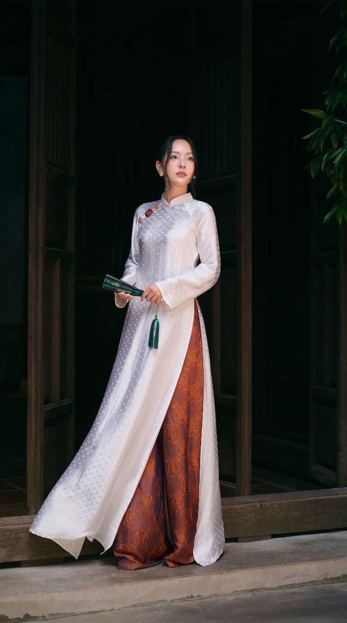 Pearl White "Van Diem" Straight-Cut Ao Dai in Luxury Nha Xa Natural Silk