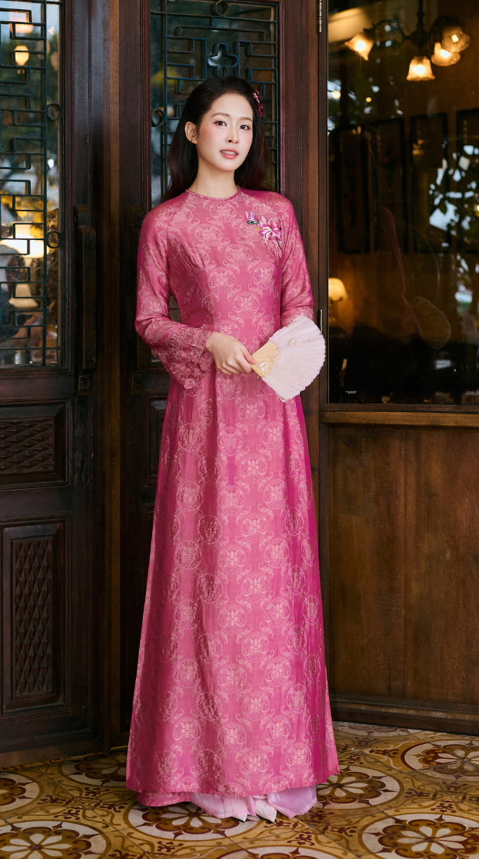 Hong Van Hand-Embroidered Straight-Cut Silk Ao Dai Camellia Pink Premium Nha Xha Silk