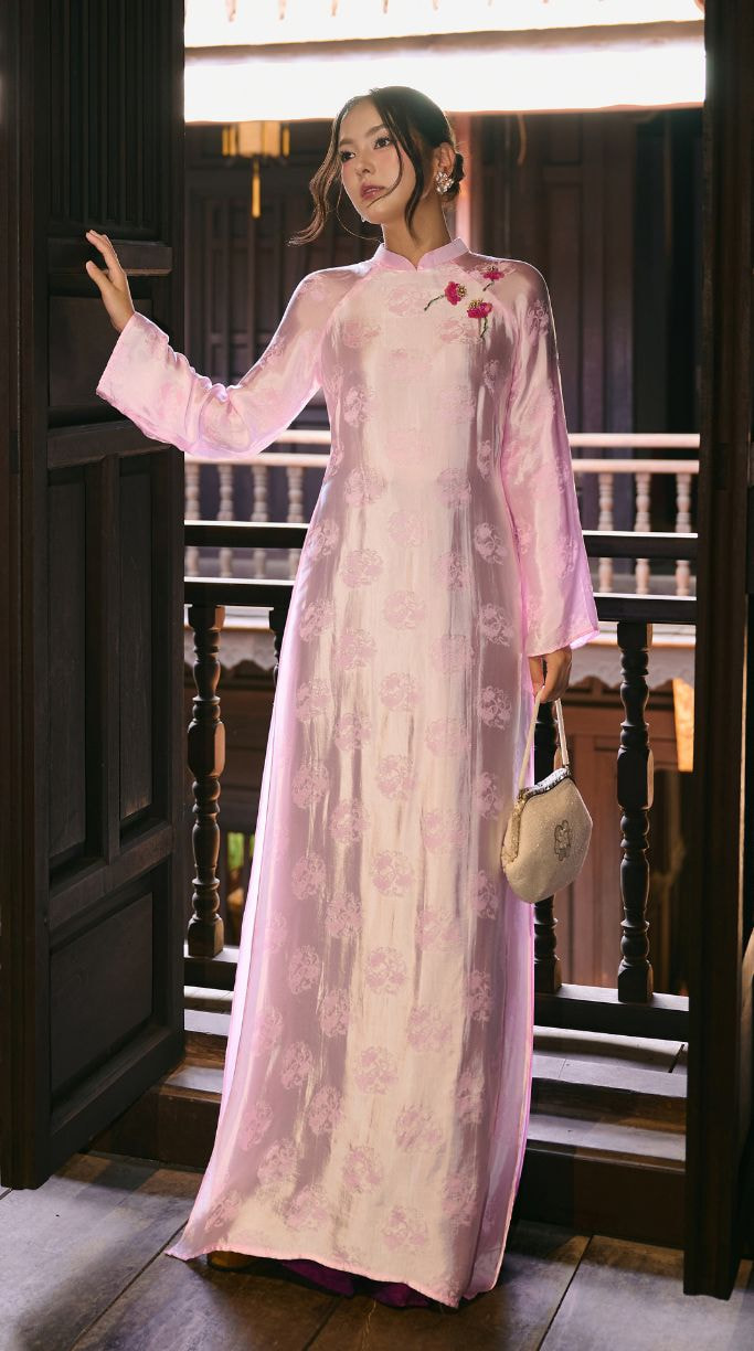 Pastel Pink Hand-Embroidered Floral Hong Hoa Straight-Cut Ao Dai in Luxury Nha Xa Natural Silk
