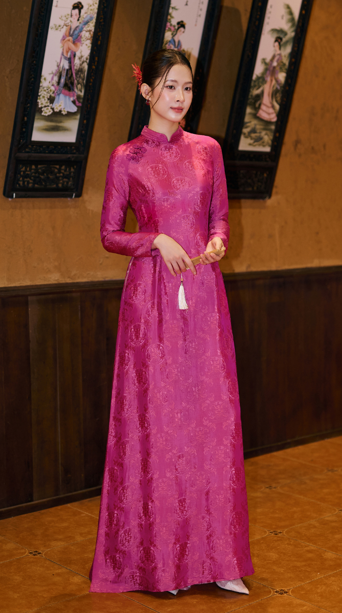 Ngoc Lan Fitted Silk Ao Dai Purplish Pink, Premium Nha Xha Silk