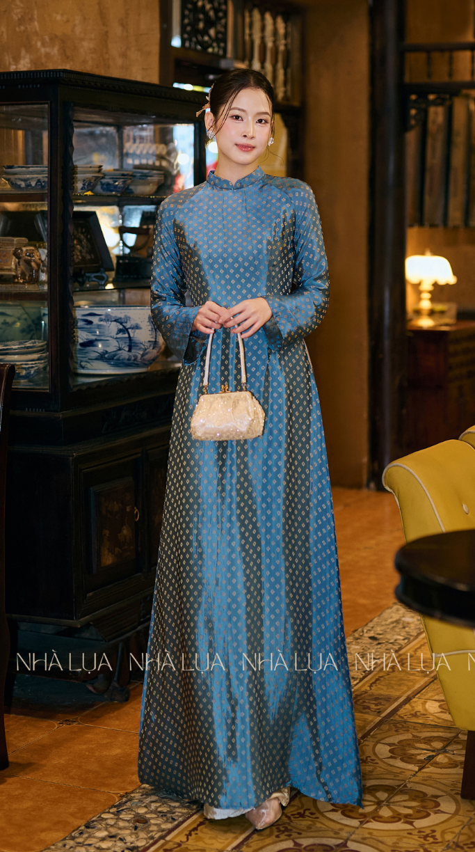 Nguyet Van Fitted Silk Ao Dai Azure Blue, Premium Nha Xha Silk