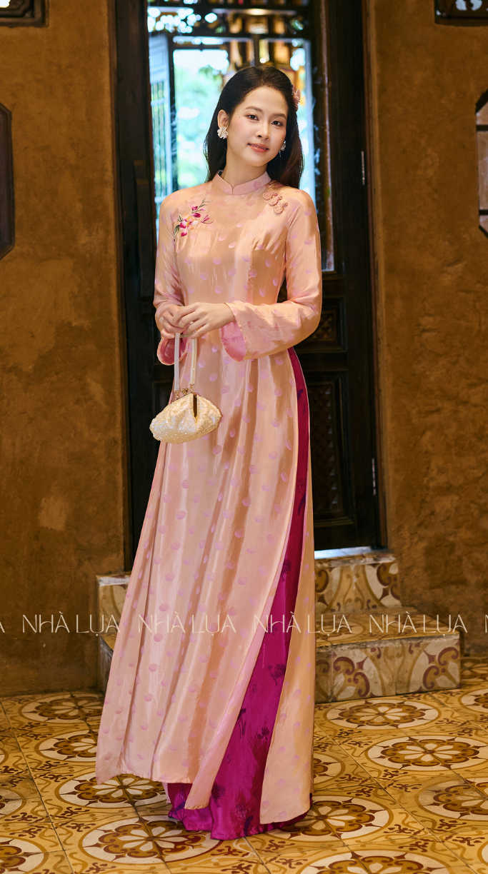 Uyen Hoa Fitted Silk Ao Dai Peach Coral Pink, Premium Nha Xa Silk